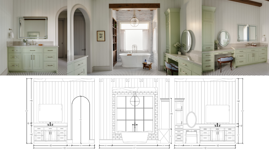 Side-by-side images of bathroom construction documents and the finished bathroom design. 