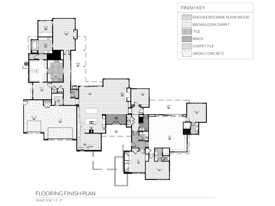 A construction document showing a detailed flooring plan, indicating the specific finish used in each room.