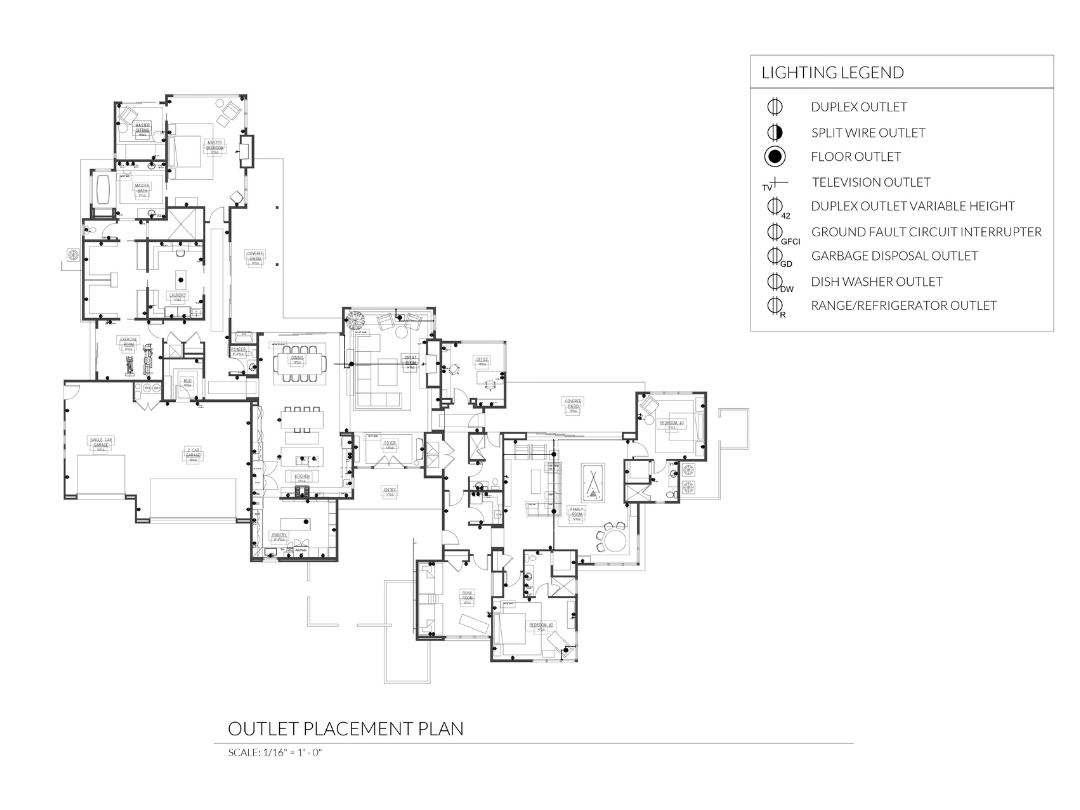 A construction document showing outlet placement in each room.