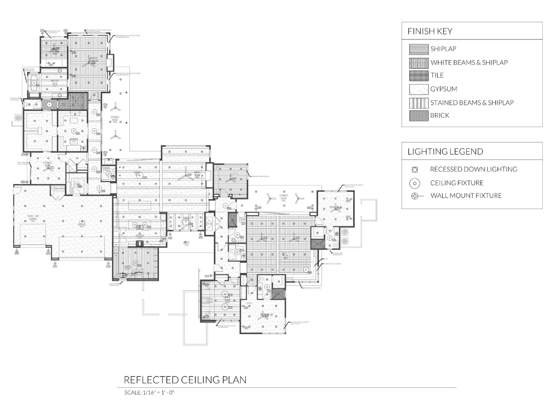 A construction document showing a detailed ceiling plan, indicating the specific finish used in each room.