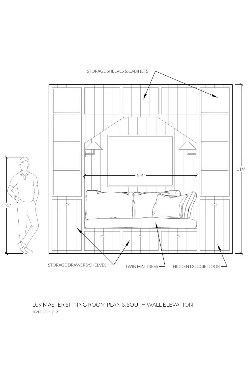 Elevation of the master sitting room with a built in reading nook. 